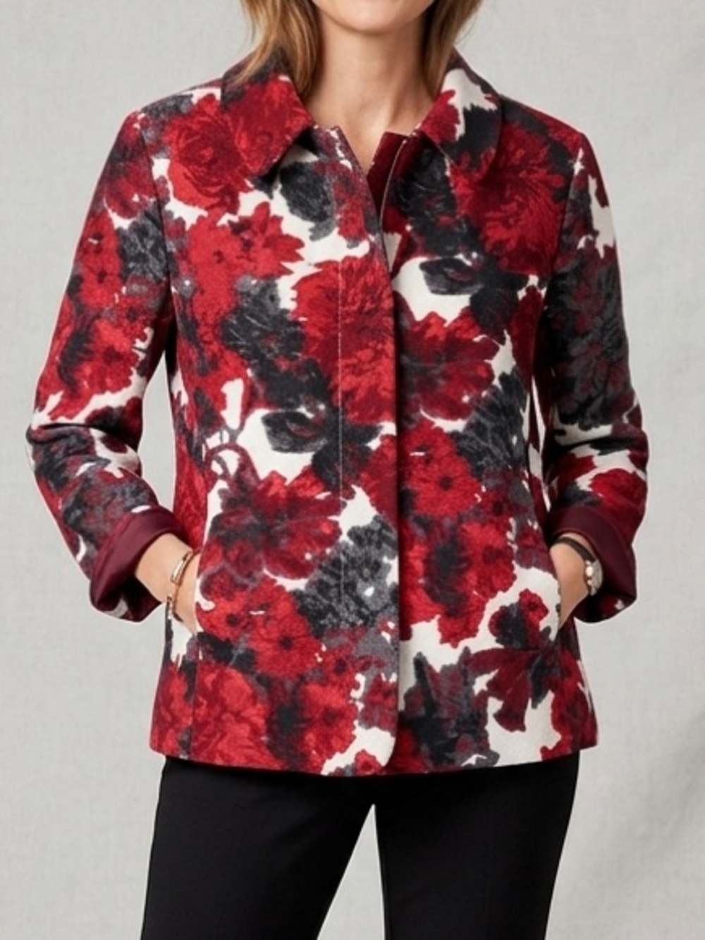Talbots Women Floral 3/4 Sleeve Snap Button Jacket Shoulder Pads Red Size 10